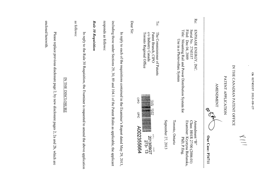 Canadian Patent Document 2745337. Prosecution-Amendment 20130927. Image 1 of 13