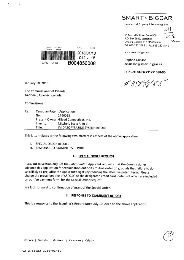 Document de brevet canadien 2746023. Ordonnance spéciale 20180110. Image 1 de 12