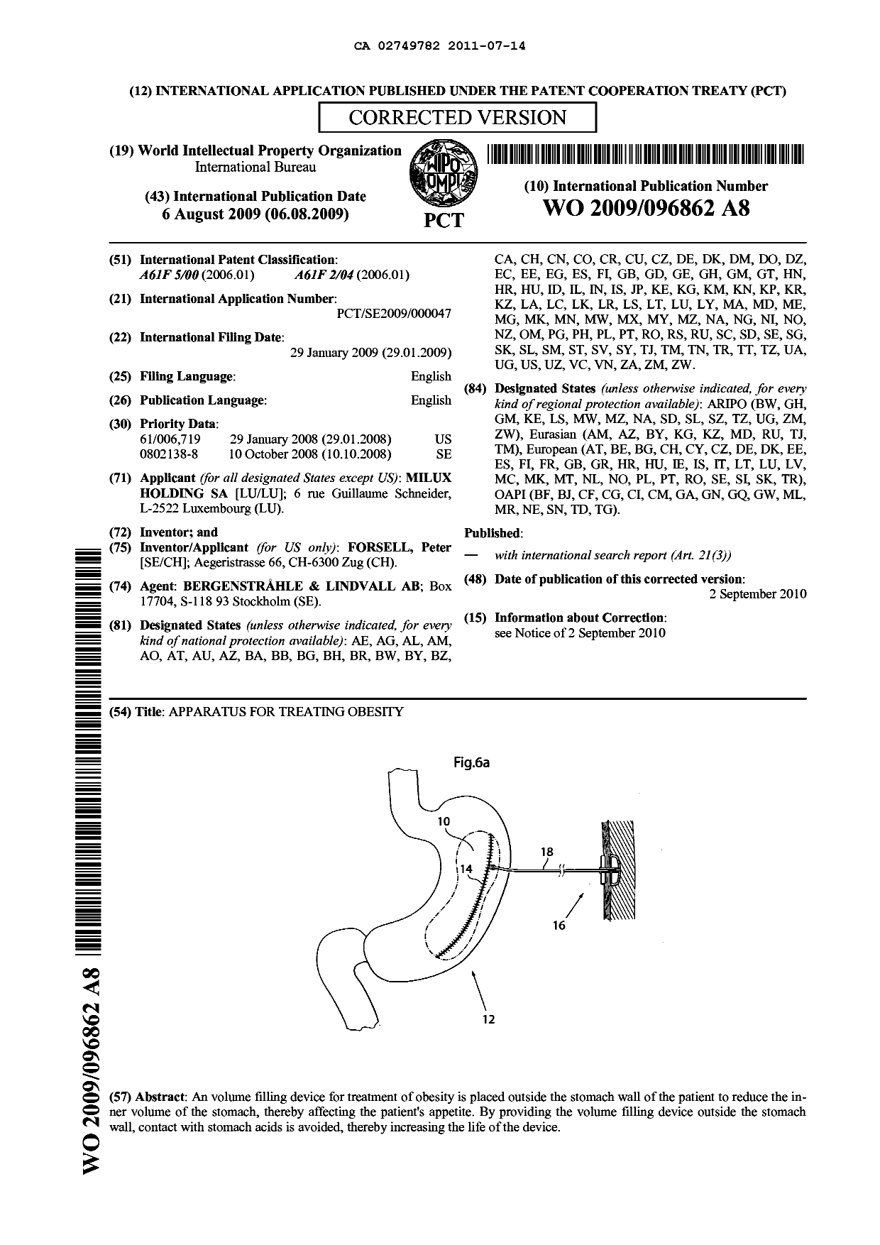 Document de brevet canadien 2749782. Abrégé 20110714. Image 1 de 1