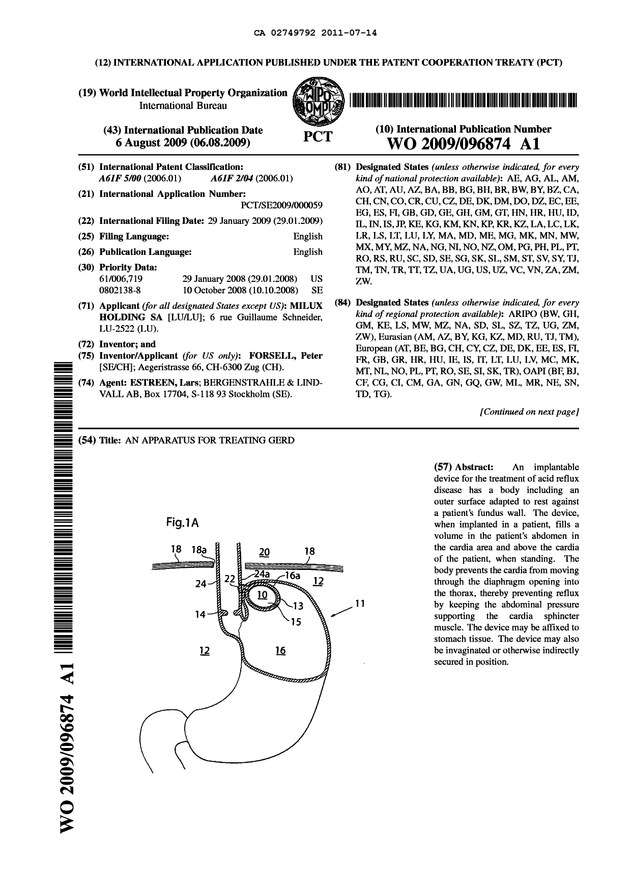 Document de brevet canadien 2749792. Abrégé 20110714. Image 1 de 2