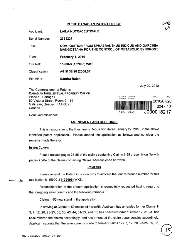 Document de brevet canadien 2751227. Modification 20180720. Image 1 de 15