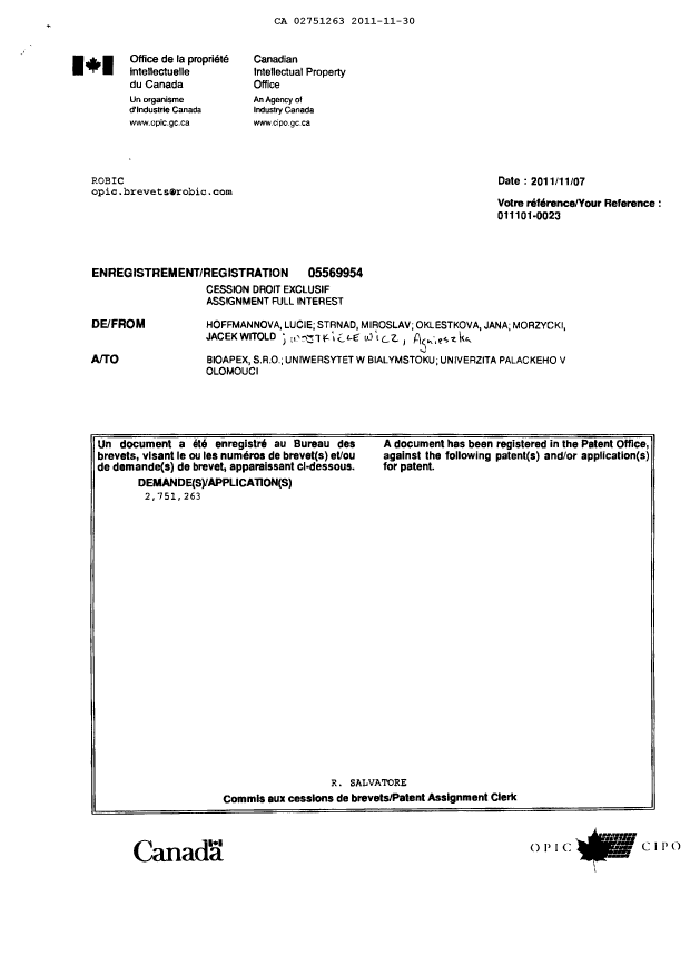 Document de brevet canadien 2751263. Cession 20111130. Image 3 de 3