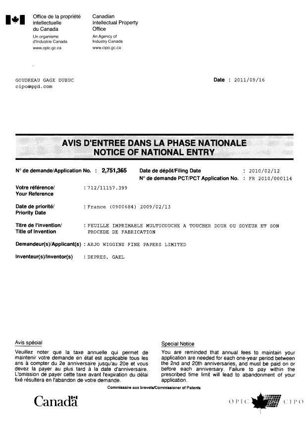 Document de brevet canadien 2751365. Correspondance 20110916. Image 1 de 1