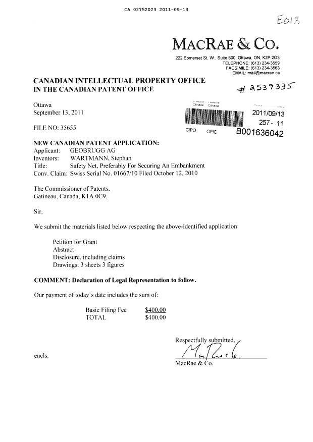 Canadian Patent Document 2752023. Assignment 20110913. Image 1 of 2