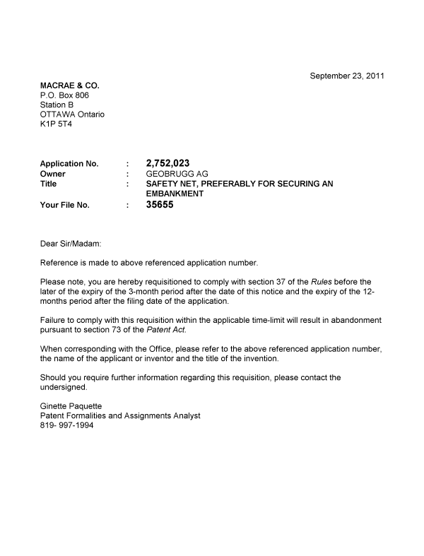 Canadian Patent Document 2752023. Correspondence 20110923. Image 1 of 1