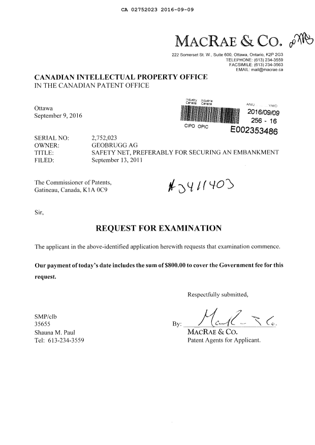 Canadian Patent Document 2752023. Request for Examination 20160909. Image 1 of 1