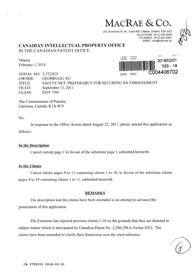Canadian Patent Document 2752023. Amendment 20180201. Image 1 of 7