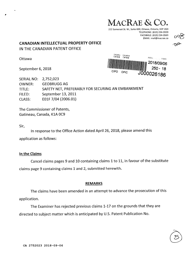 Document de brevet canadien 2752023. Modification 20180906. Image 1 de 5