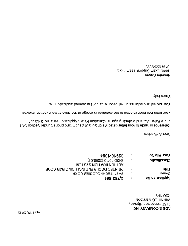 Canadian Patent Document 2752551. Correspondence 20111213. Image 2 of 2
