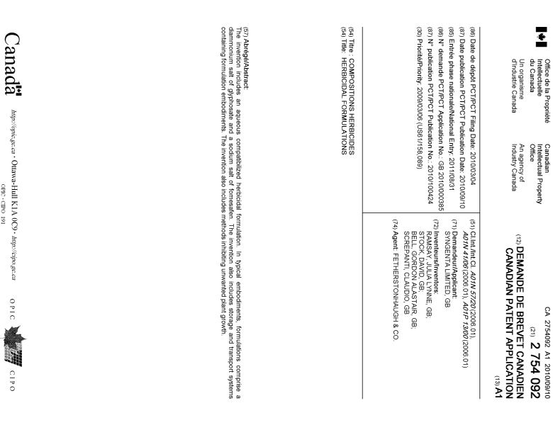 Document de brevet canadien 2754092. Page couverture 20111101. Image 1 de 1