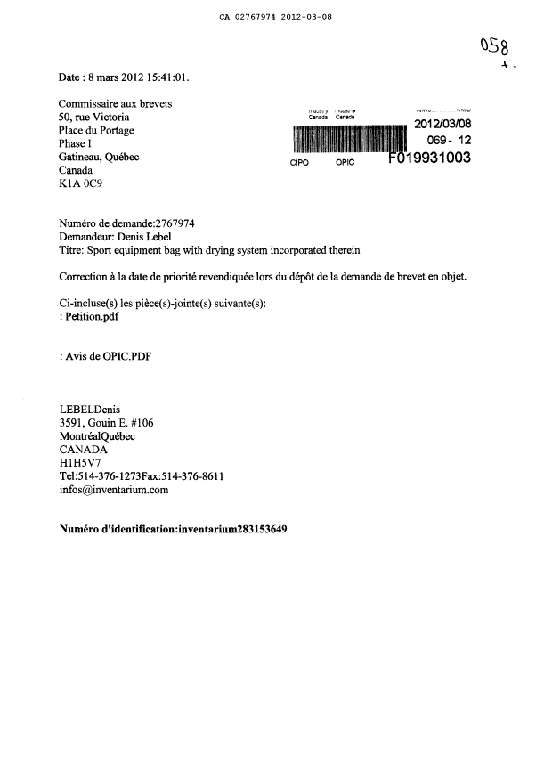 Canadian Patent Document 2767974. Correspondence 20120308. Image 1 of 3