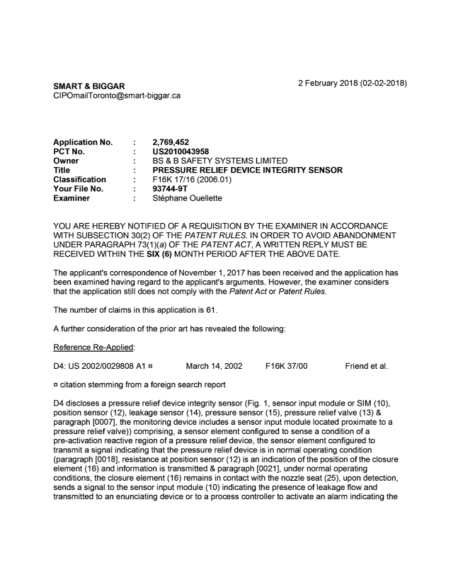Canadian Patent Document 2769452. Examiner Requisition 20180202. Image 1 of 3
