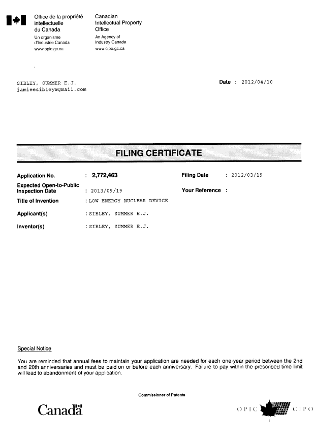 Document de brevet canadien 2772463. Correspondance 20120410. Image 1 de 1