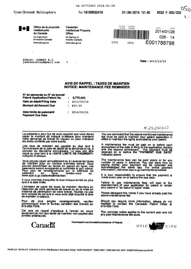 Document de brevet canadien 2772463. Taxes 20140128. Image 1 de 1