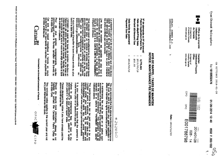 Canadian Patent Document 2772463. Fees 20140128. Image 1 of 1
