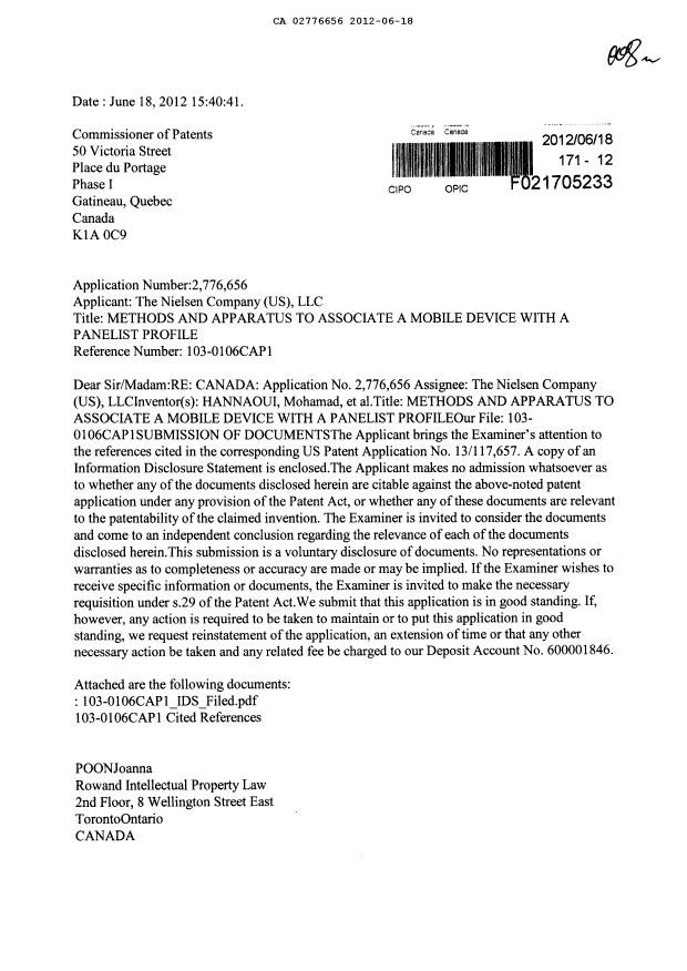Document de brevet canadien 2776656. Poursuite-Amendment 20120618. Image 1 de 2