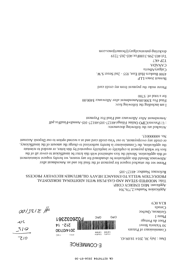 Canadian Patent Document 2776704. Prosecution-Amendment 20140730. Image 1 of 6