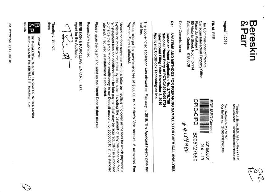 Canadian Patent Document 2779758. Final Fee 20190801. Image 1 of 1