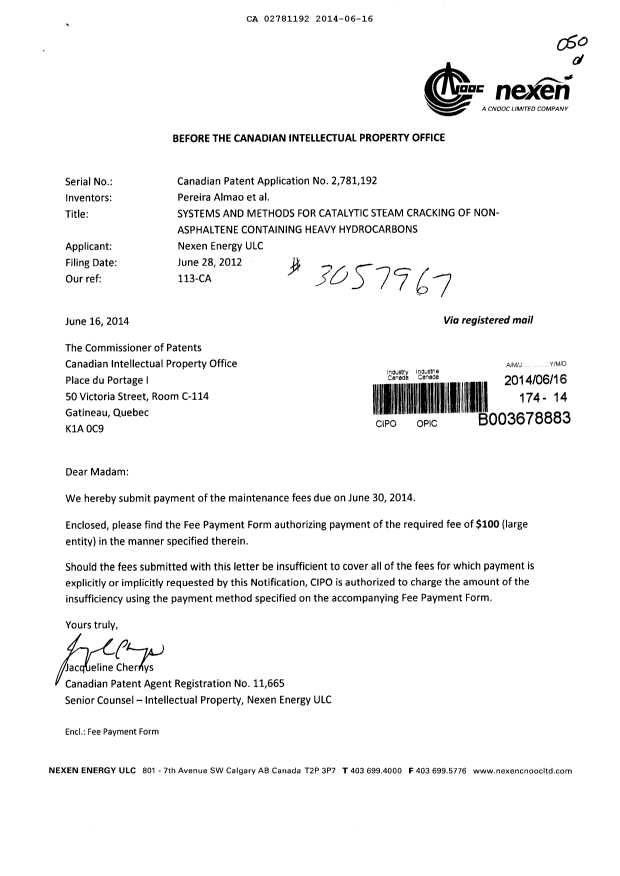 Document de brevet canadien 2781192. Taxes 20140616. Image 1 de 2