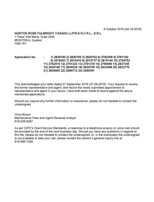 Canadian Patent Document 2781192. Office Letter 20161004. Image 1 of 1