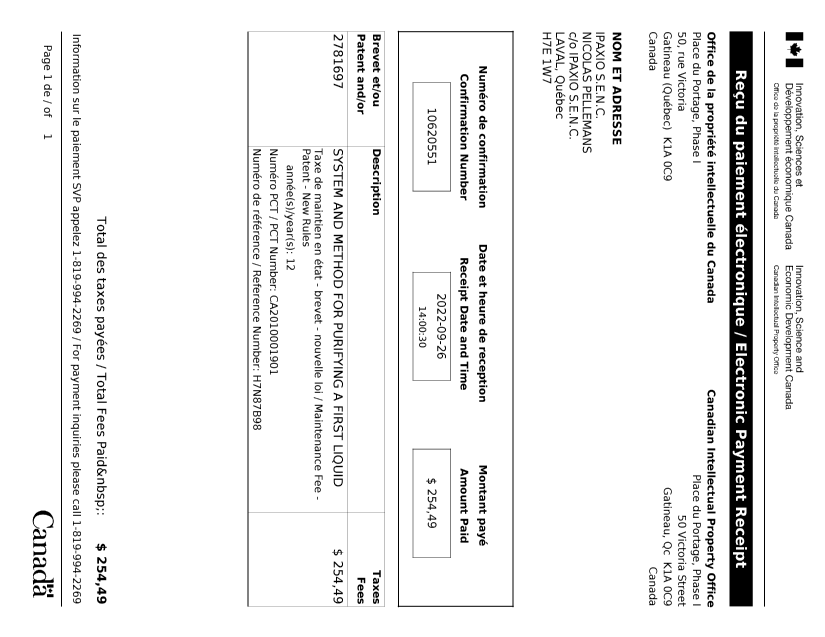 Document de brevet canadien 2781697. Paiement de taxe périodique 20220926. Image 1 de 1