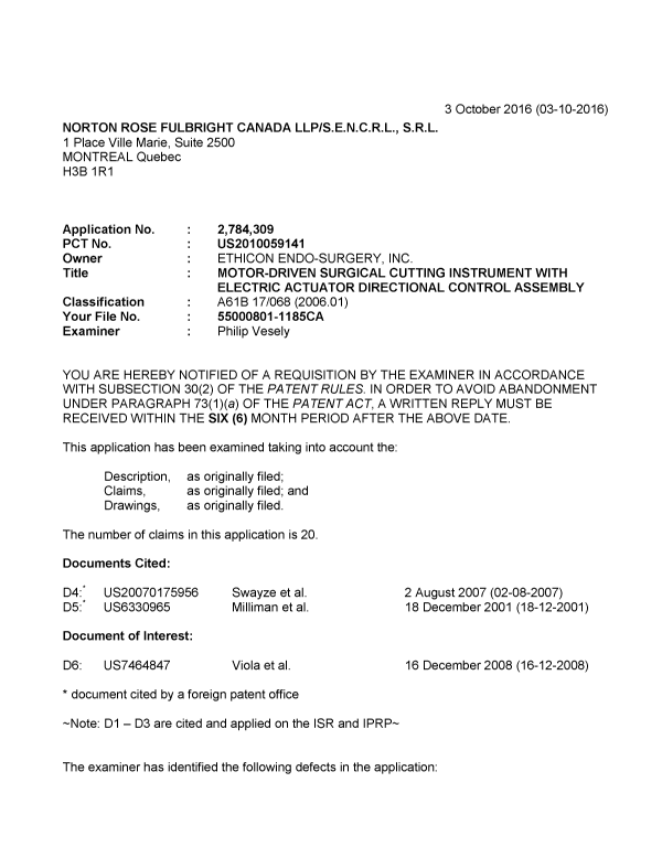 Canadian Patent Document 2784309. Examiner Requisition 20161003. Image 1 of 4