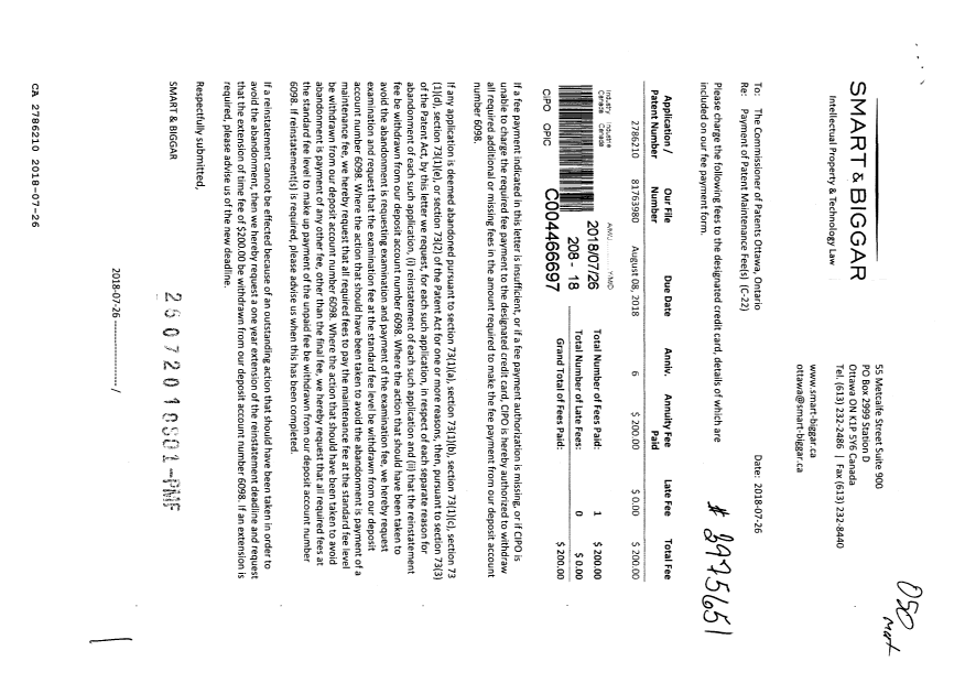 Canadian Patent Document 2786210. Maintenance Fee Payment 20180726. Image 1 of 1