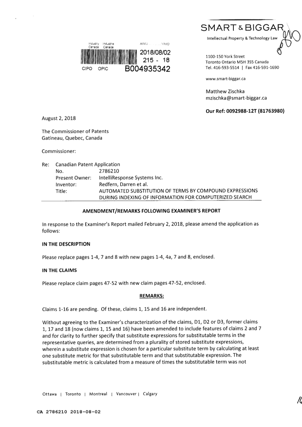 Document de brevet canadien 2786210. Modification 20180802. Image 1 de 16