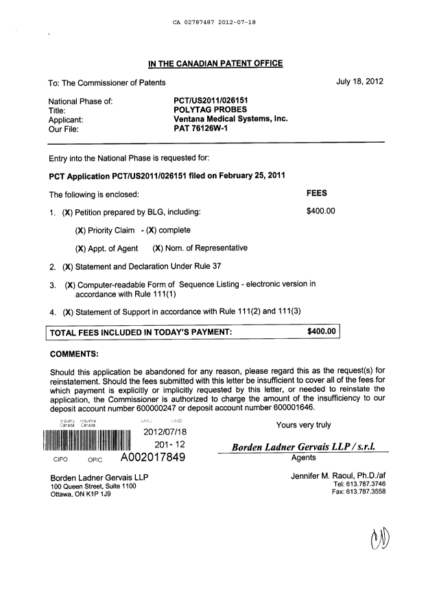 Canadian Patent Document 2787487. Assignment 20120718. Image 1 of 5