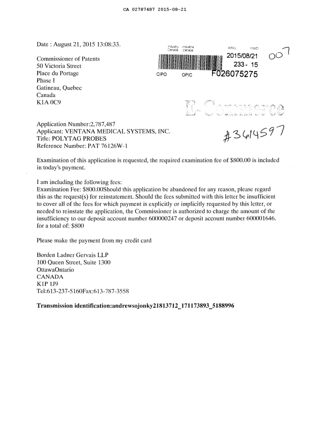 Document de brevet canadien 2787487. Requête d'examen 20150821. Image 1 de 1