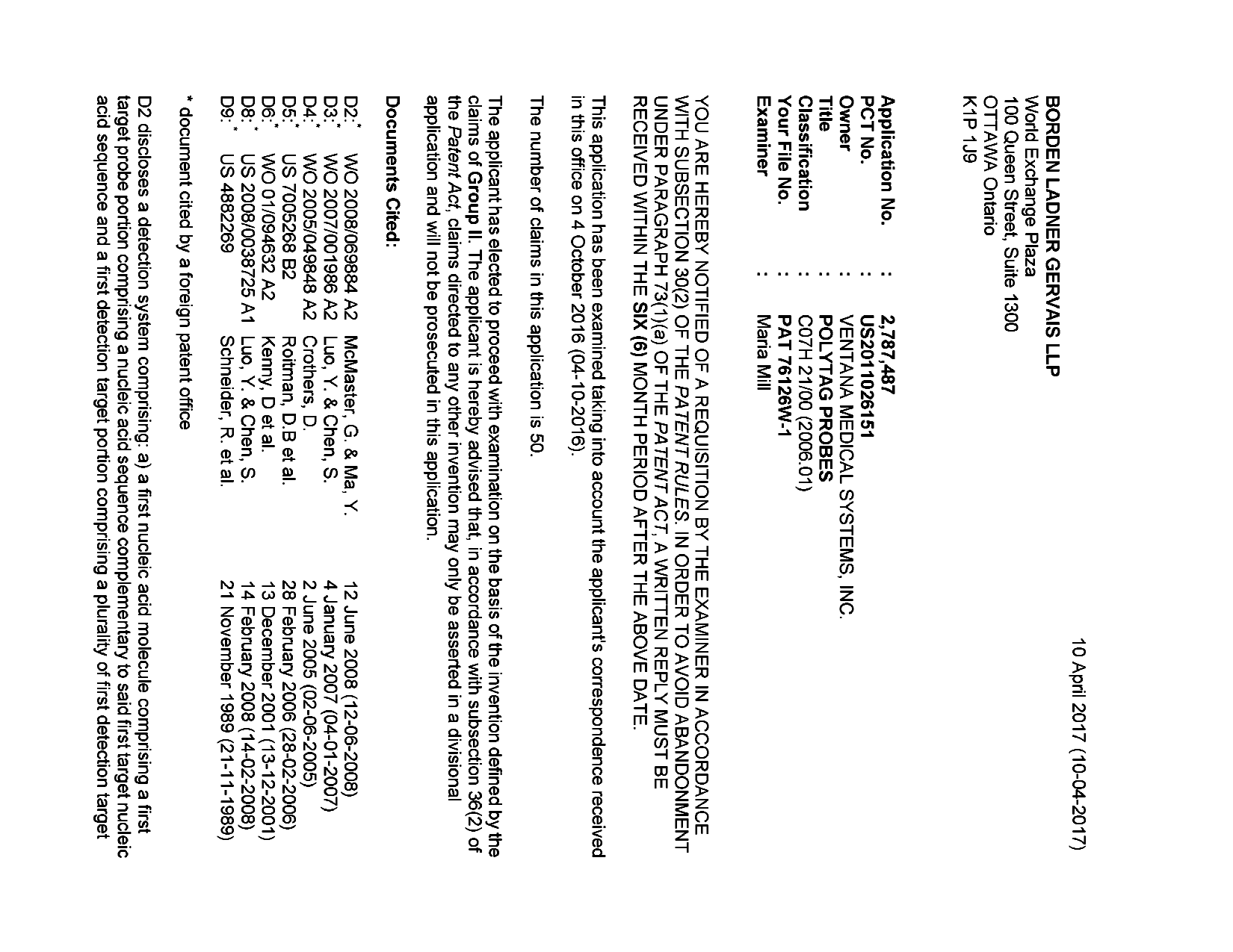 Document de brevet canadien 2787487. Demande d'examen 20170410. Image 1 de 5