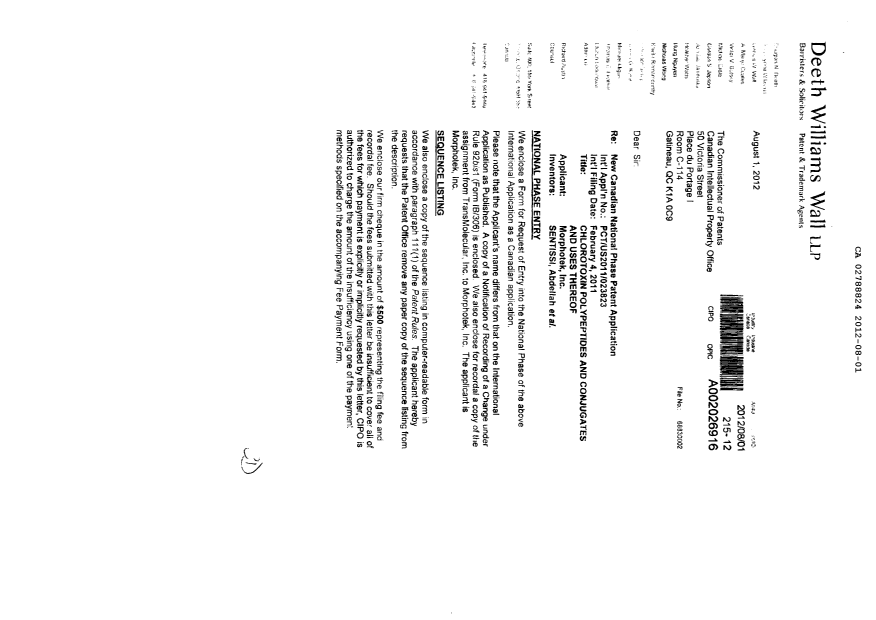 Canadian Patent Document 2788824. Assignment 20120801. Image 2 of 33