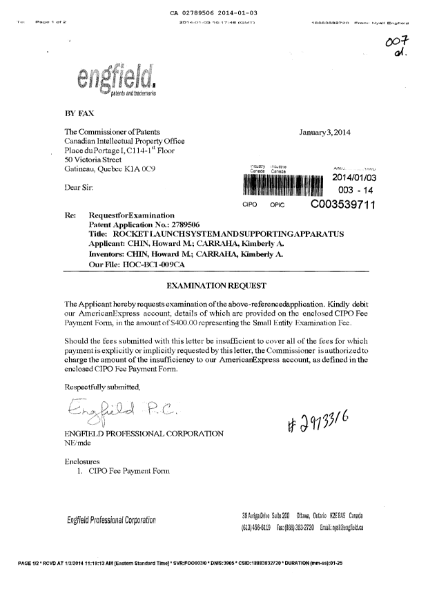 Document de brevet canadien 2789506. Poursuite-Amendment 20140103. Image 1 de 1