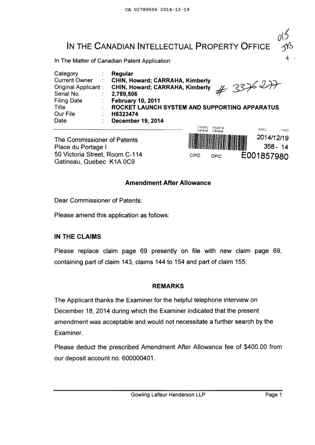 Document de brevet canadien 2789506. Poursuite-Amendment 20141219. Image 1 de 3