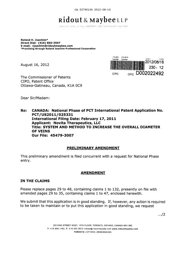 Canadian Patent Document 2790194. Prosecution-Amendment 20120816. Image 1 of 9