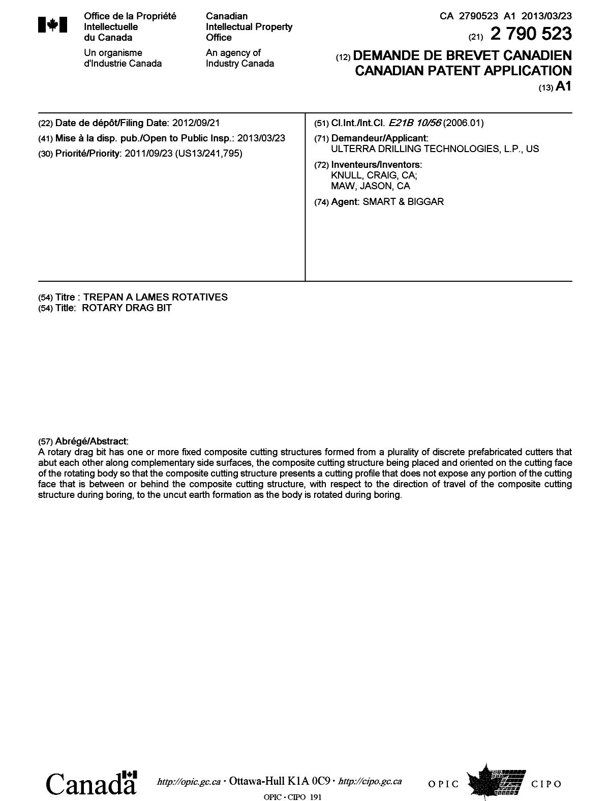 Canadian Patent Document 2790523. Cover Page 20130410. Image 1 of 1
