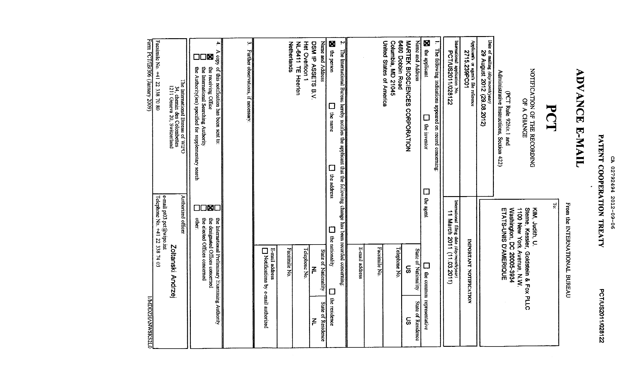 Canadian Patent Document 2792494. Correspondence 20120906. Image 1 of 1