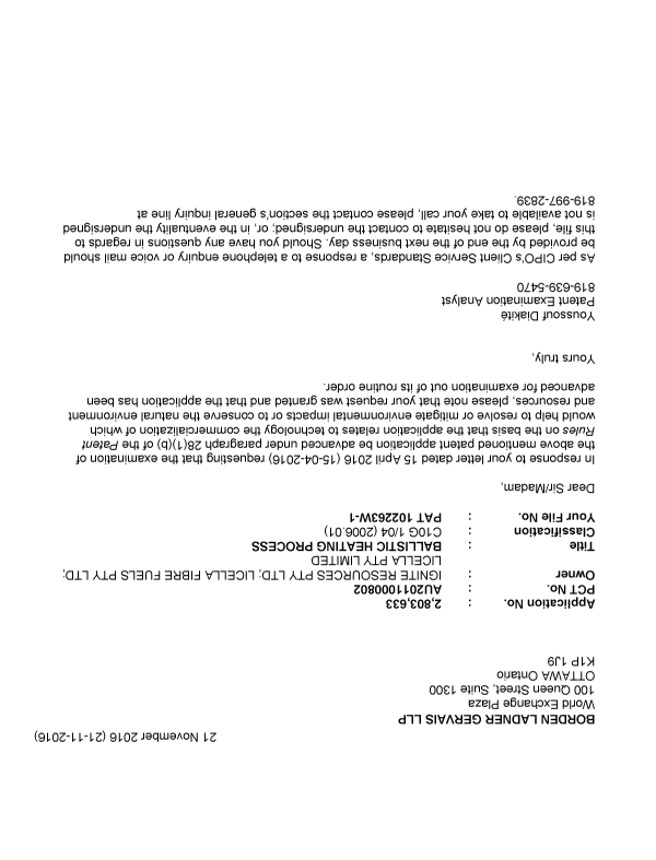 Document de brevet canadien 2803633. Poursuite-Amendment 20161121. Image 1 de 1
