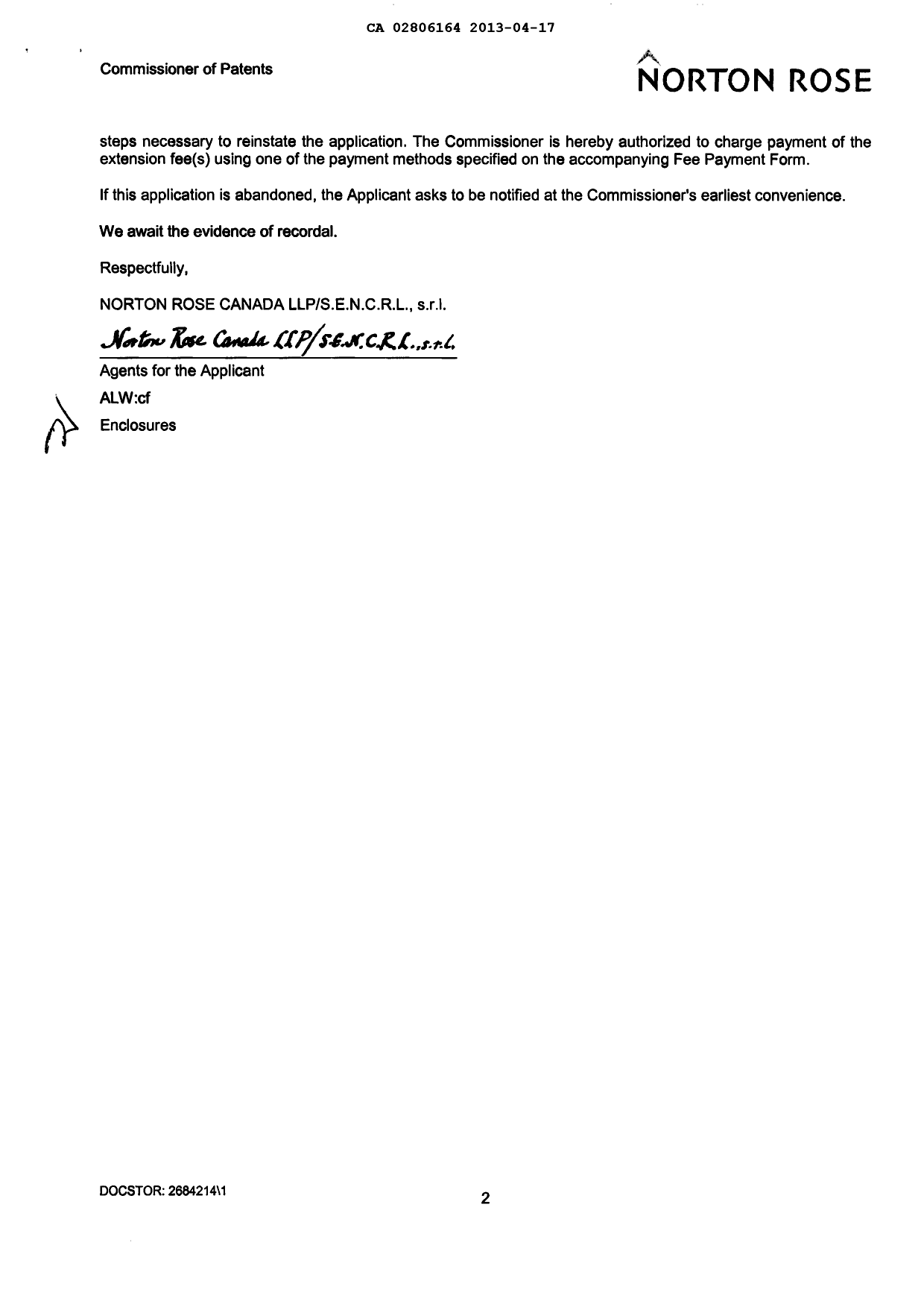 Document de brevet canadien 2806164. Correspondance 20121217. Image 2 de 3