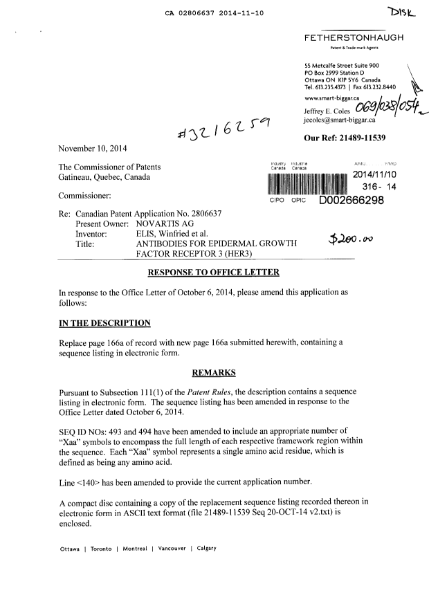 Canadian Patent Document 2806637. Prosecution-Amendment 20131210. Image 1 of 3