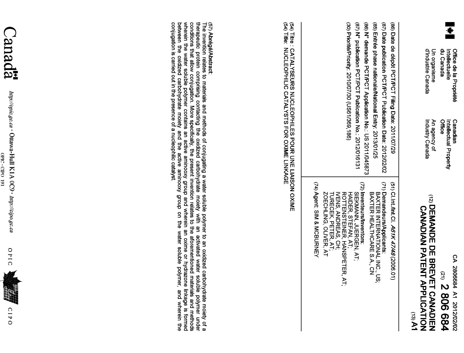 Canadian Patent Document 2806684. Cover Page 20130402. Image 1 of 1