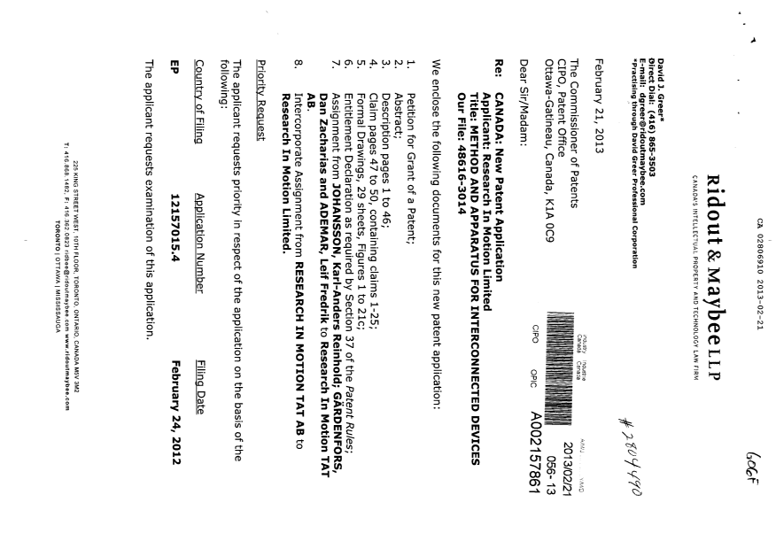 Document de brevet canadien 2806910. Cession 20130221. Image 1 de 16