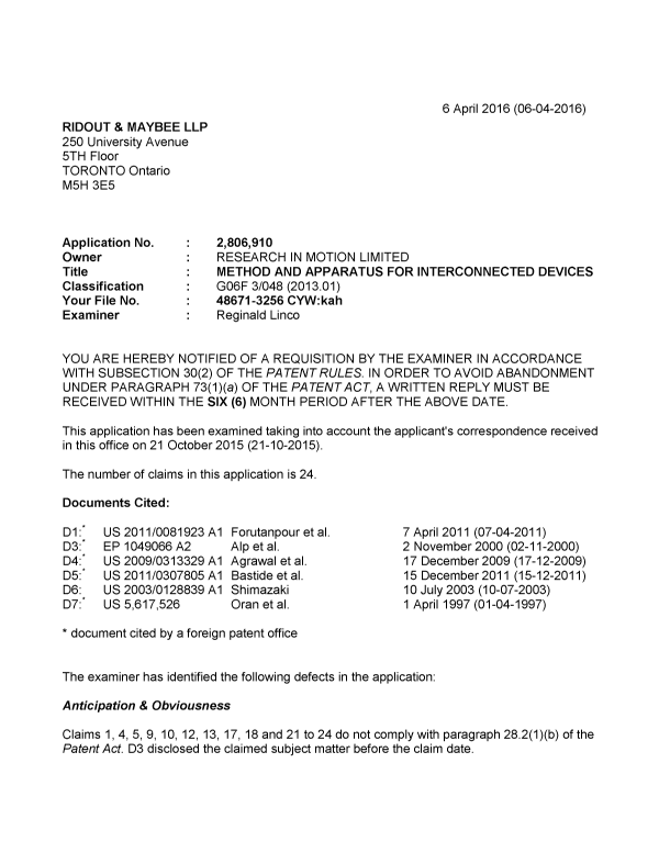 Canadian Patent Document 2806910. Examiner Requisition 20160406. Image 1 of 6