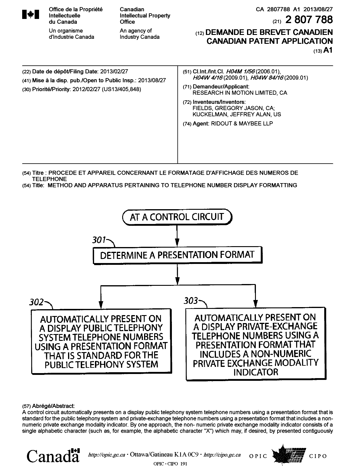 Canadian Patent Document 2807788. Cover Page 20121203. Image 1 of 2