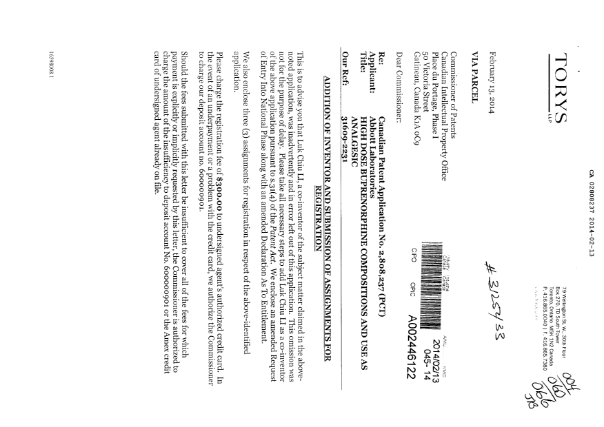 Document de brevet canadien 2808237. Correspondance 20140213. Image 1 de 4