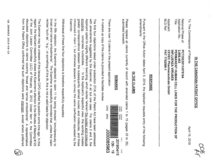 Document de brevet canadien 2808453. Modification 20190415. Image 1 de 8