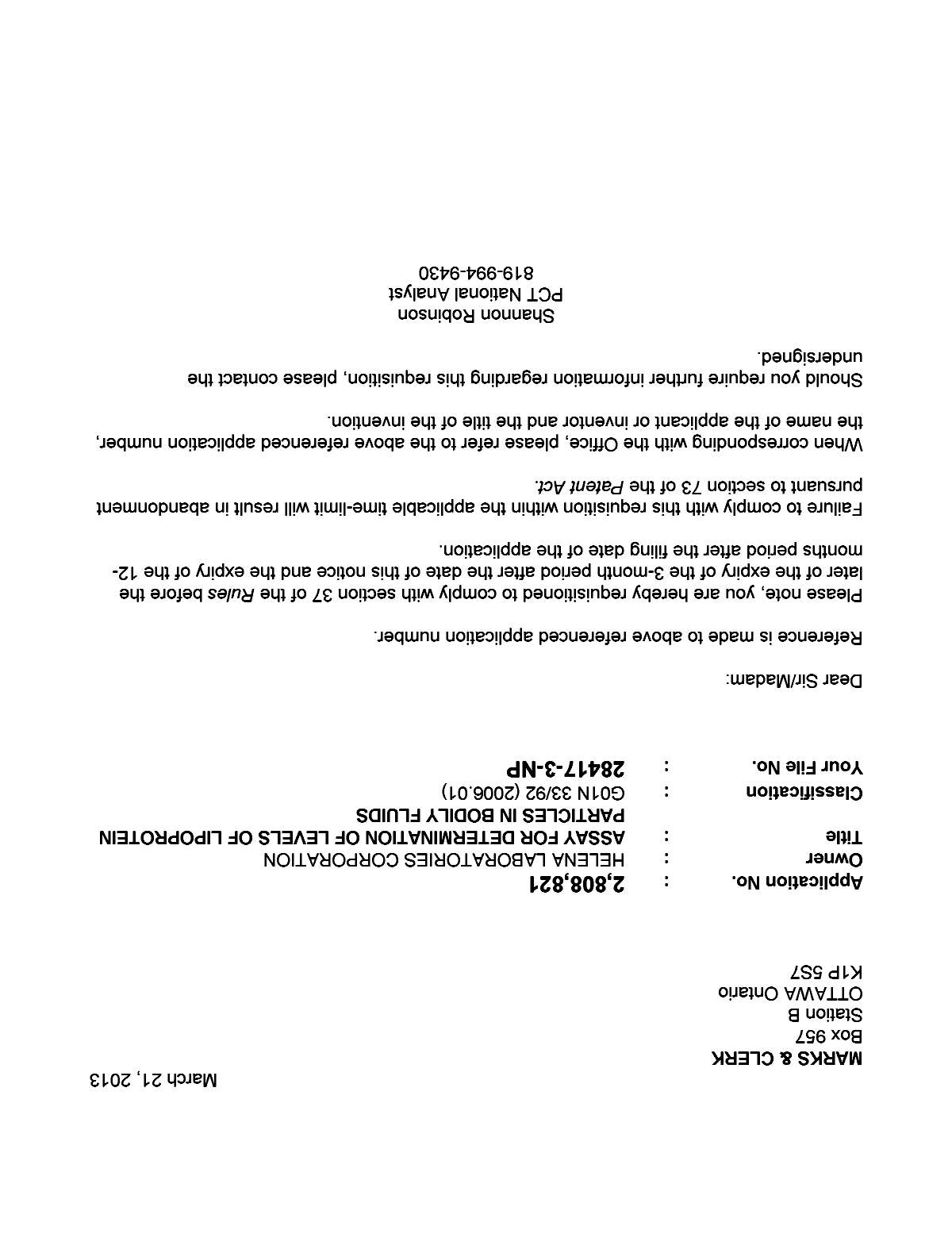 Document de brevet canadien 2808821. Correspondance 20121221. Image 1 de 1