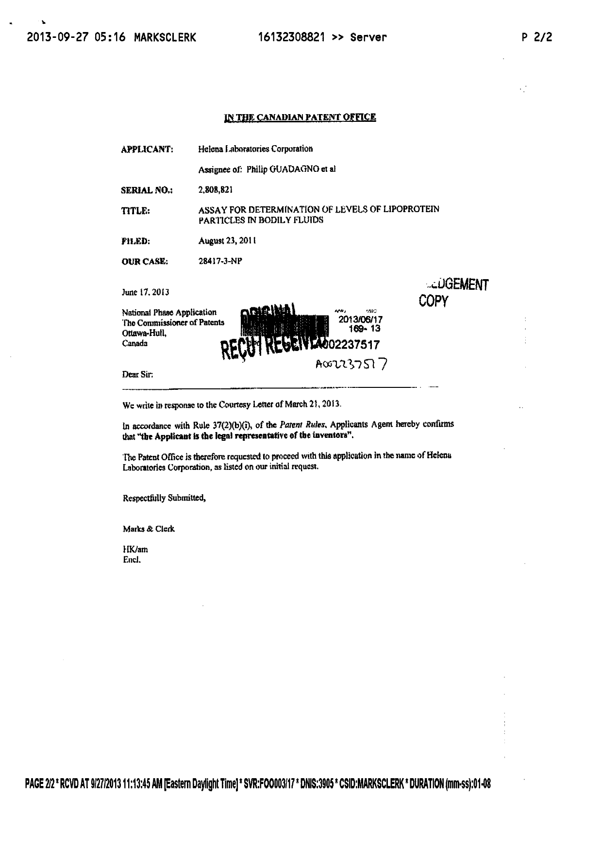 Canadian Patent Document 2808821. Correspondence 20121227. Image 2 of 2