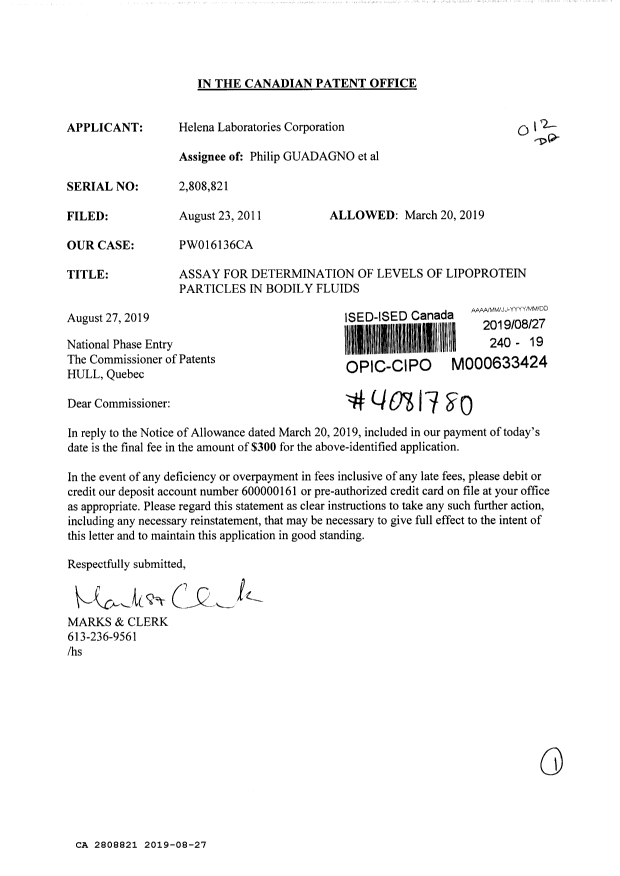 Canadian Patent Document 2808821. Final Fee 20190827. Image 1 of 1