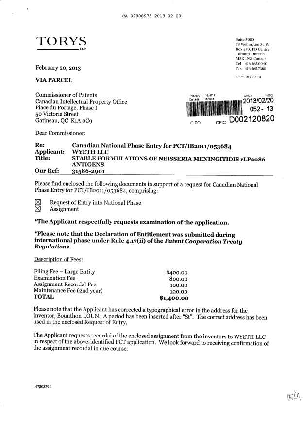 Canadian Patent Document 2808975. Assignment 20130220. Image 1 of 8